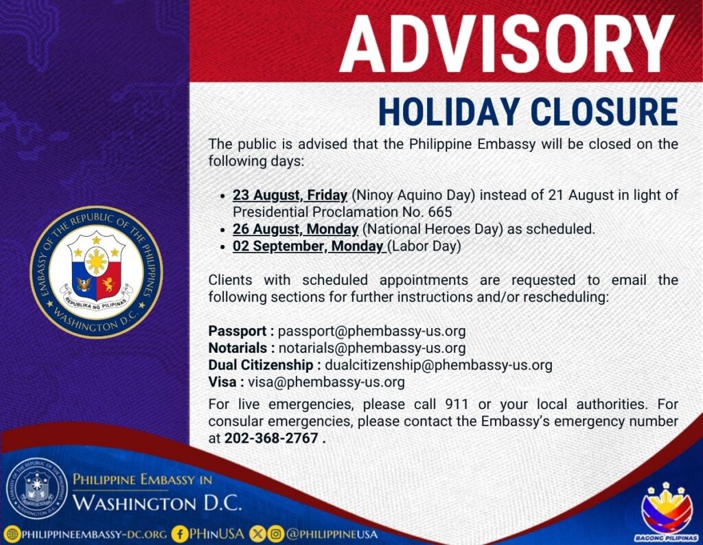 HOLIDAY CLOSURE AUGUST AND SEPTEMBER 2024 Embassy of the Republic