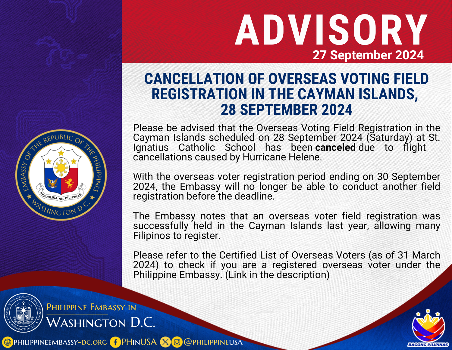 Read more about the article CANCELLATION OF OVERSEAS VOTING FIELD REGISTRATION IN THE CAYMAN ISLANDS, 28 SEPTEMBER 2024