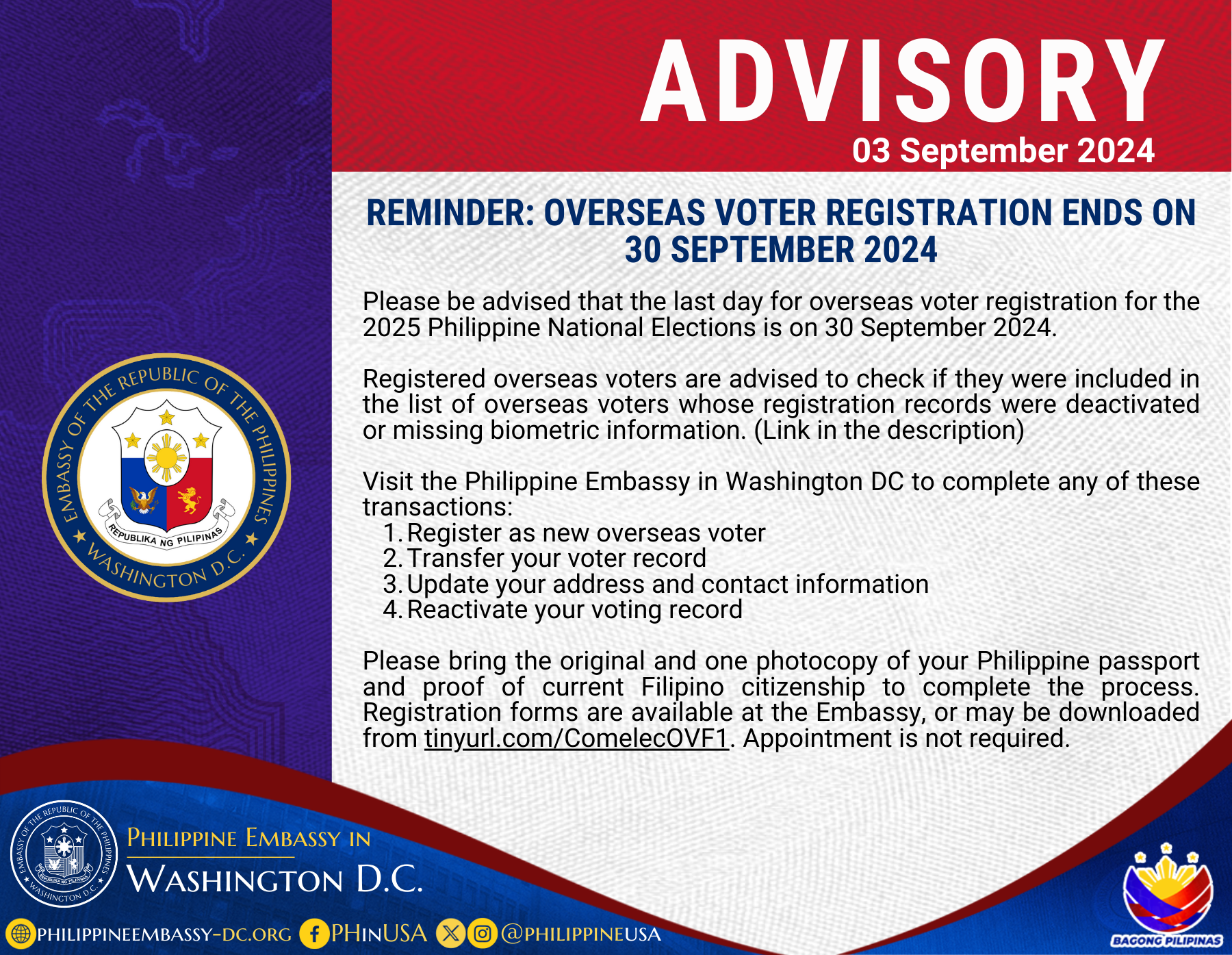 Read more about the article REMINDER: OVERSEAS VOTER REGISTRATION ENDS ON 30 SEPTEMBER 2024