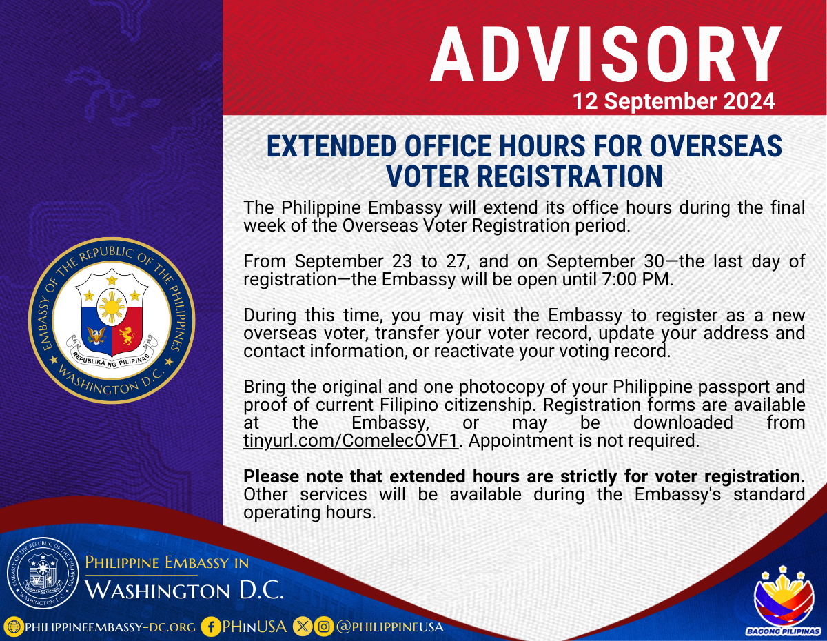 Read more about the article EXTENDED OFFICE  HOURS FOR OVERSEAS VOTER REGISTRATION