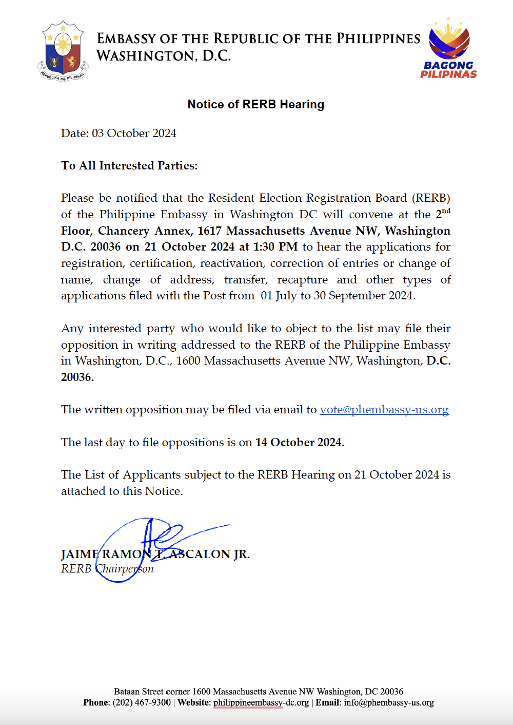 Read more about the article NOTICE OF RERB HEARING – 03 OCTOBER 2024