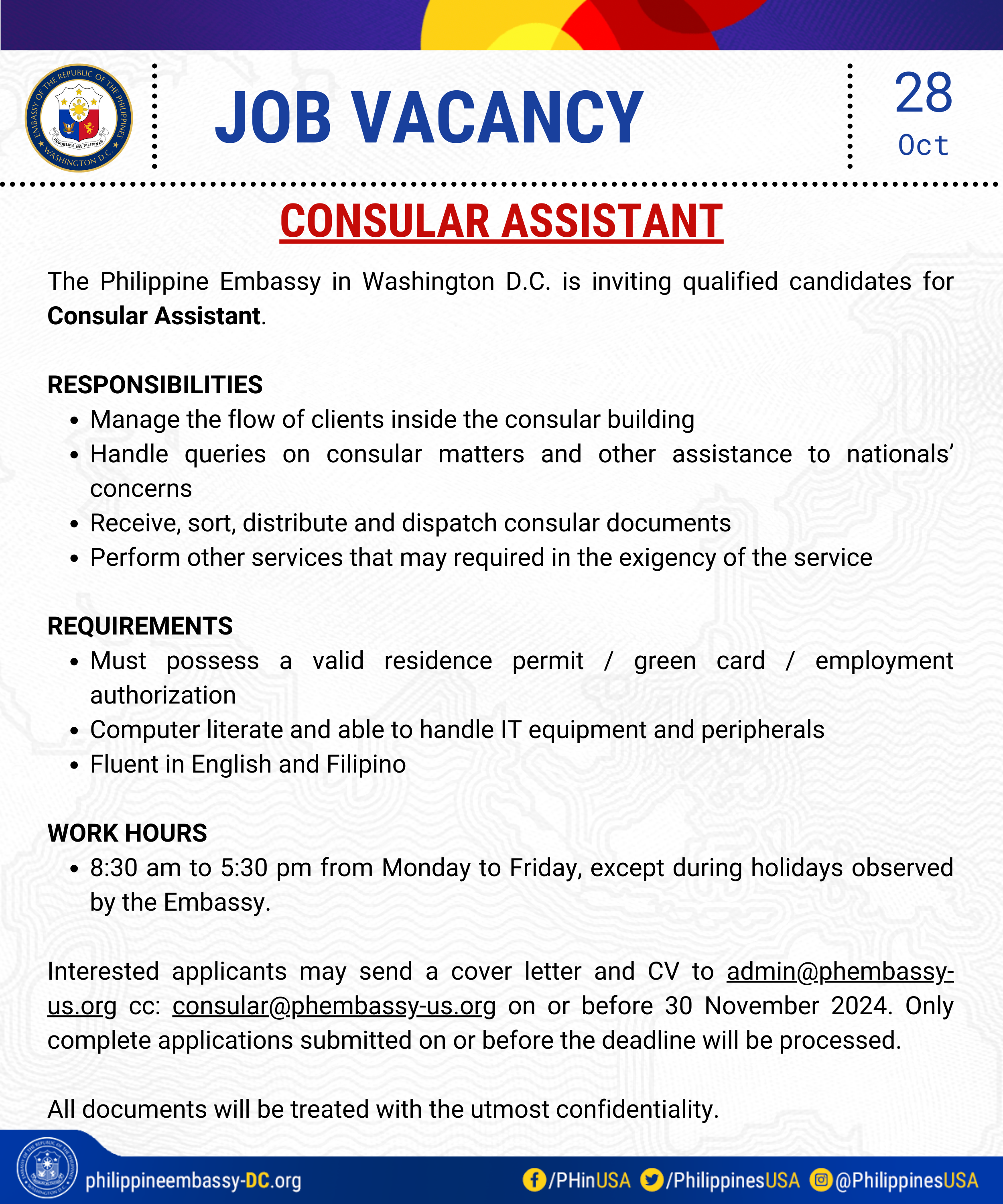 Read more about the article JOB VACANCY – CONSULAR ASSISTANT