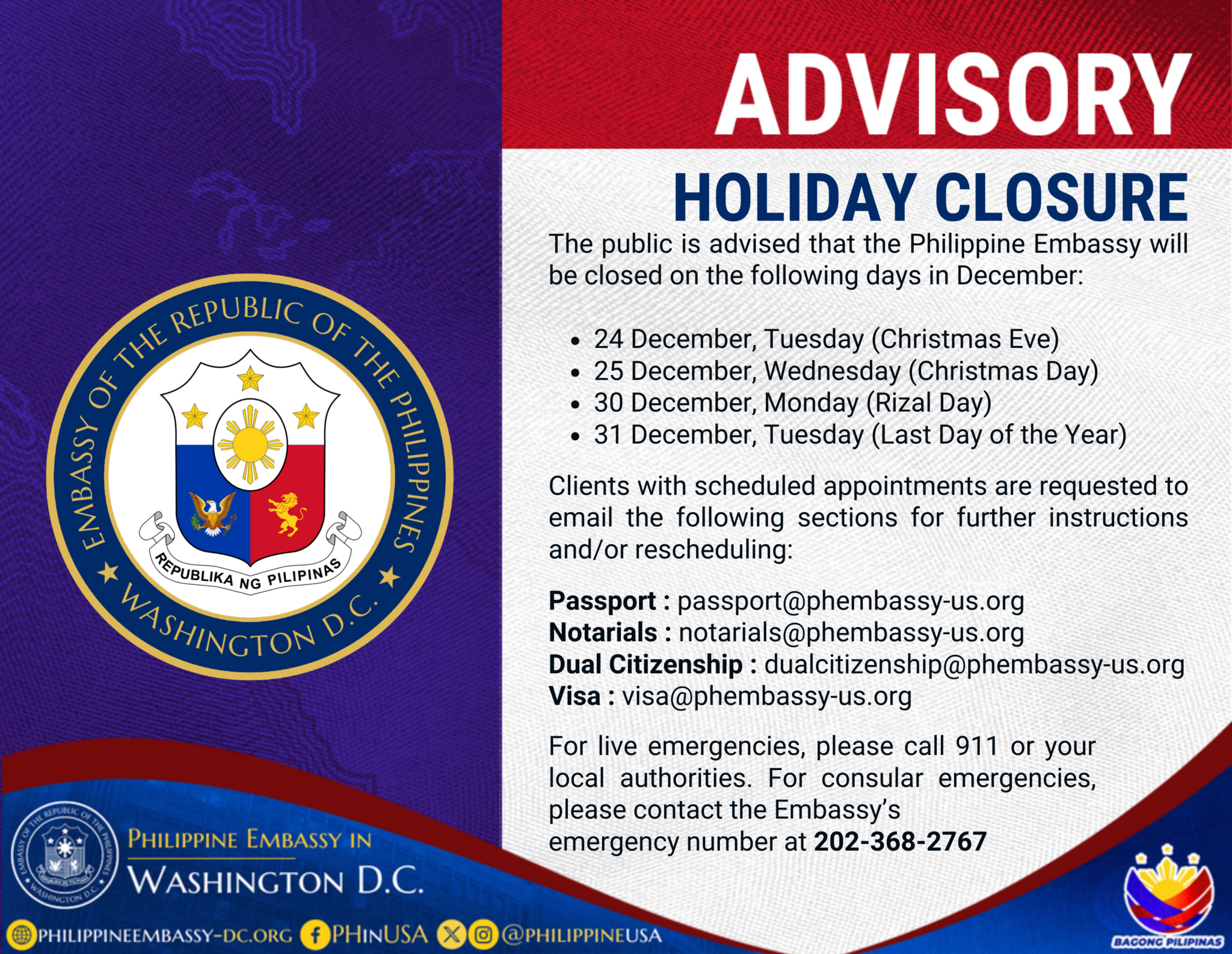 HOLIDAY CLOSURE DECEMBER 2024 Embassy of the Republic of the
