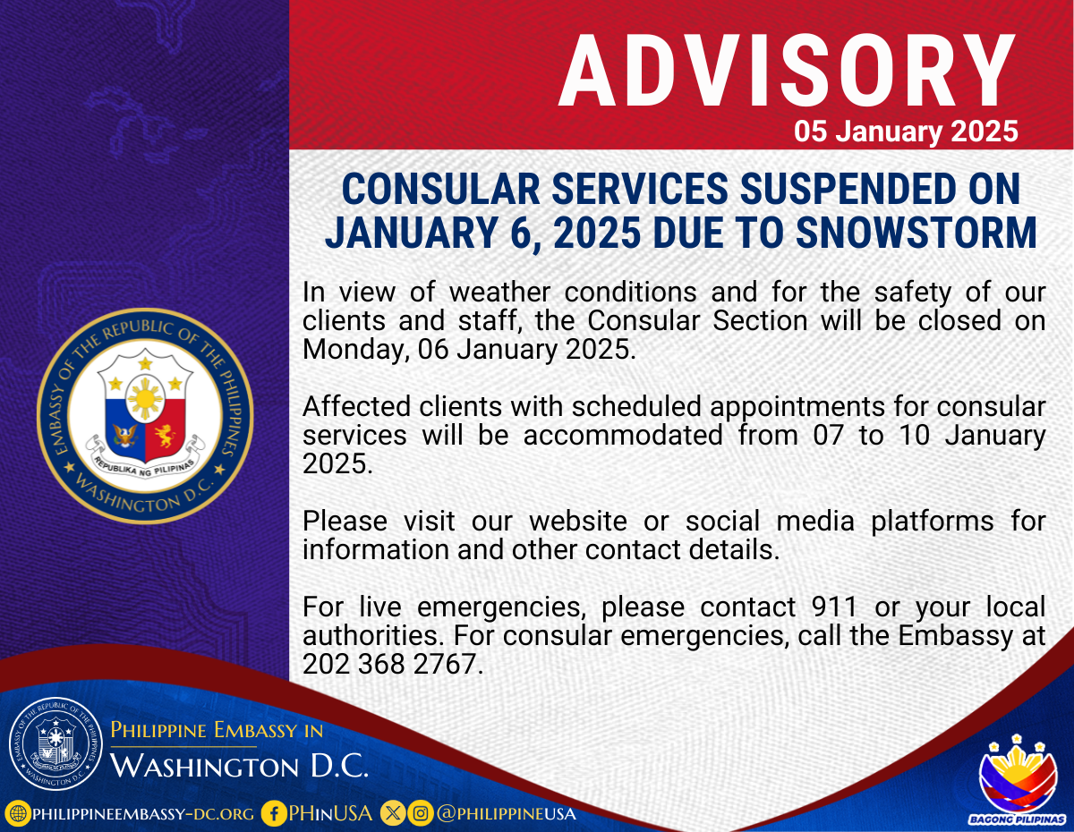 Read more about the article CONSULAR SERVICES SUSPENDED ON JANUARY 6, 2025 DUE TO SNOWSTORM