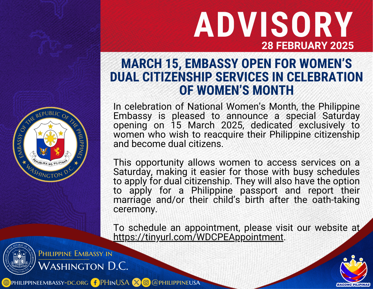 Read more about the article PH EMBASSY OPENS FOR WOMEN’S DUAL CITIZENSHIP SERVICES ON MARCH 15 IN CELEBRATION OF WOMEN’S MONTH