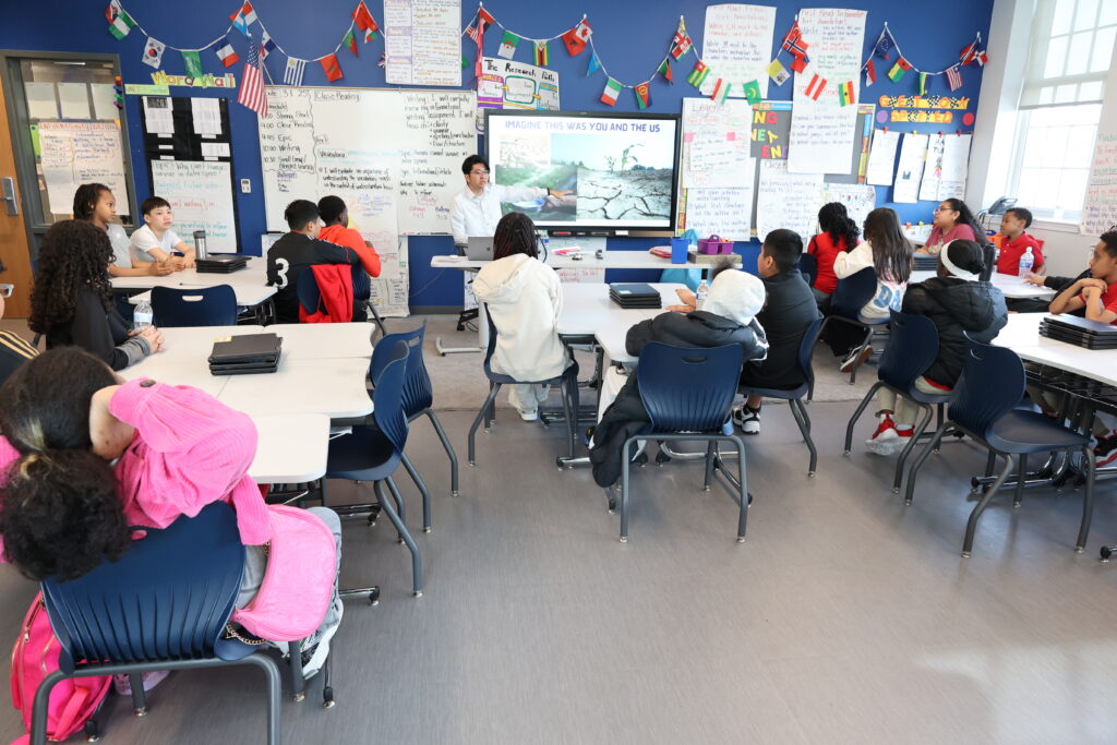 5th grade class students of Dorothy I. Height Elementary School learn about what the Philippines is doing about climate change and how climate change affects Filipinos before they participate in their Model UN activities in the coming weeks.