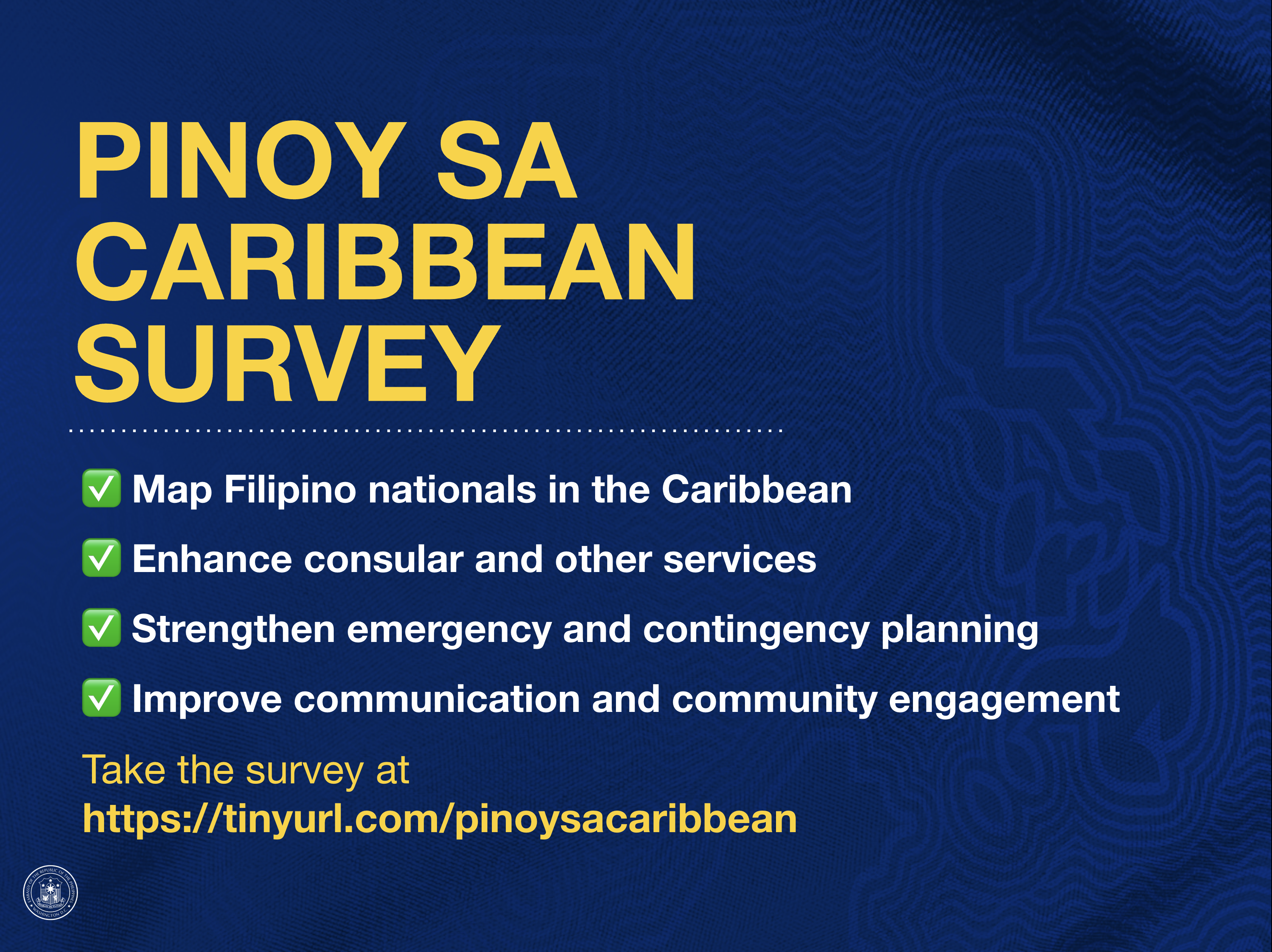 Read more about the article PH EMBASSY OPENS SURVEY FOR FILIPINOS IN THE CARIBBEAN