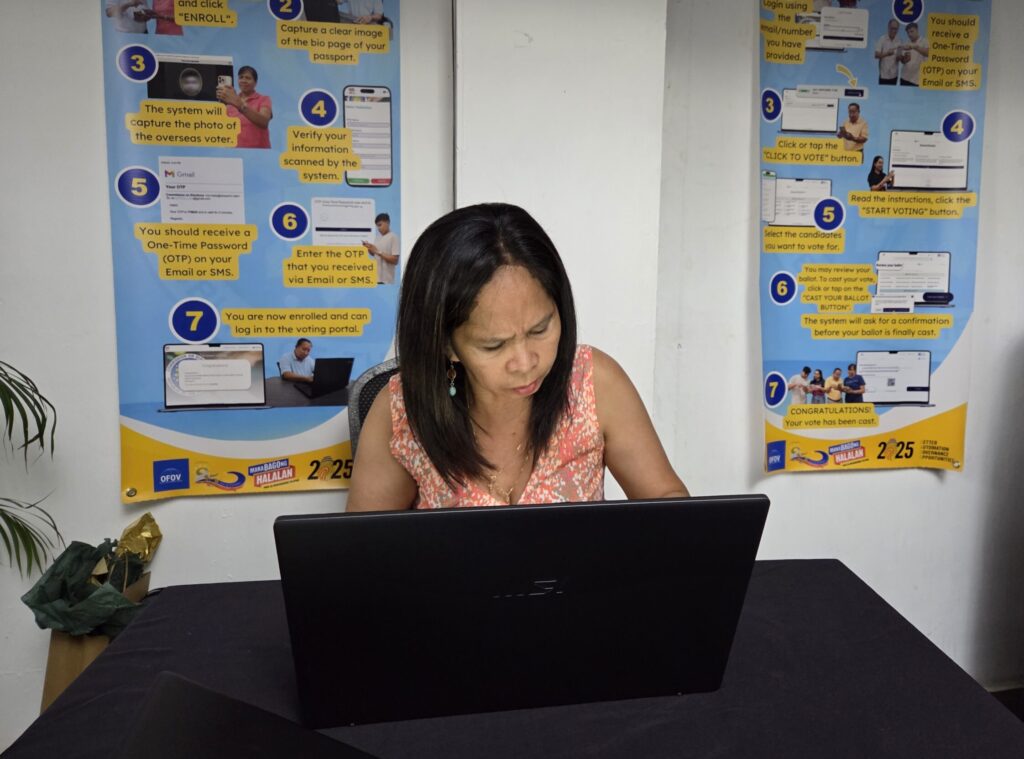 An overseas voter casts her vote for senators and partylist-representative during the field pre-voting enrollment and voting conducted by the Philippine Embassy in the Caribbean from 24 to 03 May 2025.