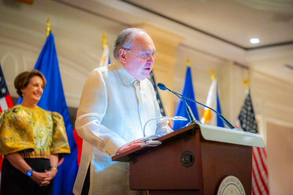 Ambassador Romualdez addresses guests during the reception, emphasizing the continued strength of the Philippines-U.S. alliance.