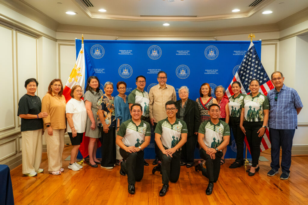 Deputy Chief of Mission Ascalon with the officers and technical staff from the Leyte Dance Theater and the Fil-Am Community Ministry of Our Lady of Good Counsel Parish. Flanking him are Lowe S. Taña (left), President of Leyte Dance Theater, and Chiqui P. Sanchez (right), President of the Fil-Am Community Ministry.