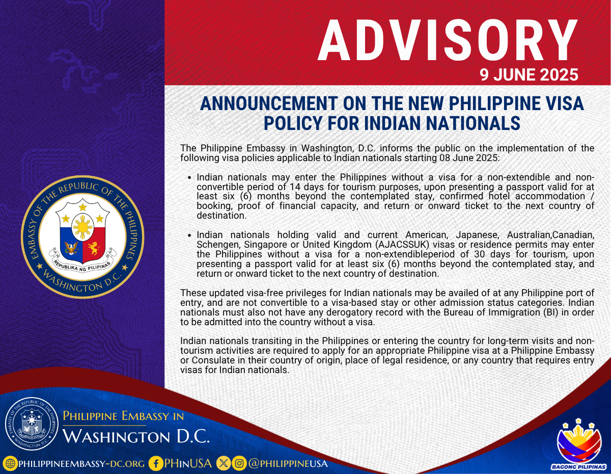 Read more about the article ANNOUNCEMENT ON THE NEW PHILIPPINE VISA POLICY FOR INDIAN NATIONALS