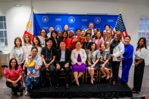 The Philippine Embassy in Washington, D.C., in partnership with the Philippine Nurses Association of Metropolitan DC, Inc. (PNAMDC), welcomes newly arrived Internationally Educated Nurses (IENs) in the DMV area. Through its Ate & Kuya Program launched in October 2024, along with workshops and informal community networks, PNAMDC continues to provide critical support for the smooth transition and integration of Filipino nurses into the U.S. healthcare system. (Seated L-R: Second Secretary and Consul Mark Dominic E. Lim, Labor Attaché Saul T. De Vries, Minister and Consul General Donna M. Rodriguez, PNAMDC President Christine Pabico, PNAMDC Secretary Maricon Dans)