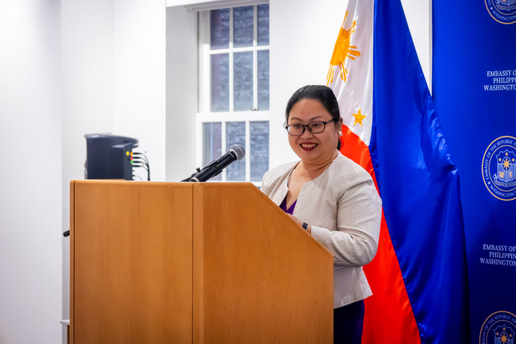Minister and Consul General Donna M. Rodriguez delivers her remarks during the welcome event for newly arrived Internationally Educated Nurses (IENs), expressing appreciation to the Philippine Nurses Association of Metropolitan DC, Inc. (PNAMDC) for their unwavering support in assisting IENs during their transition and integration into the U.S. healthcare system.