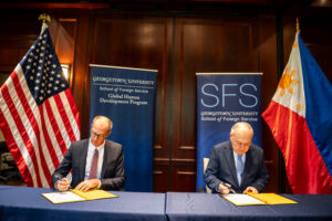 Ambassador Jose Manuel G. Romualdez (right) and Georgetown University Vice Dean for Undergraduate Affairs Mark Giordano (left) signing the Donation Agreement for Advancing Philippine Studies at Georgetown University on 29 September 2025.