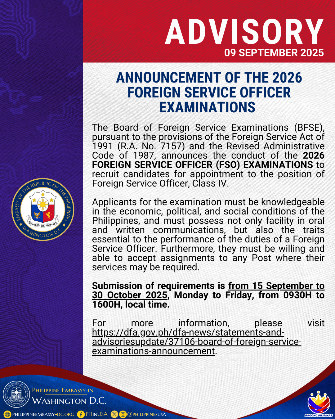 Read more about the article ANNOUNCEMENT OF THE 2026 FOREIGN SERVICE OFFICER EXAMINATIONS