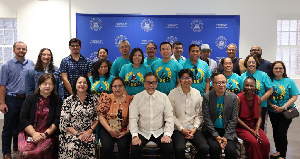 Deputy Chief of Mission Jaime Ramon T. Ascalon, Jr. (seated, center) is joined by Second Secretary and Consul Mark Dominic E. Lim (seated, fifth from left), and UNIFFIED Maryland President Raymund Antolo (seated, sixth from left), along with members and friends of the United Federation of Fil-Am Educators, Inc. (UNIFFIED) Maryland Chapter, during the “UNIFFIED Maryland: Bring a Friend” program held on 13 September 2025 at the Philippine Embassy in Washington, D.C.