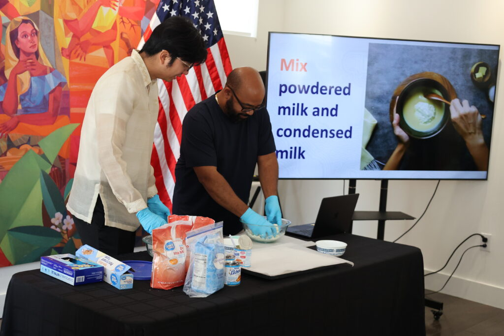 A teacher, with no background in baking, volunteered to make pastillas de leche for his fellow educators during a demonstration featuring the preparation of these traditional Philippine milk candies.
