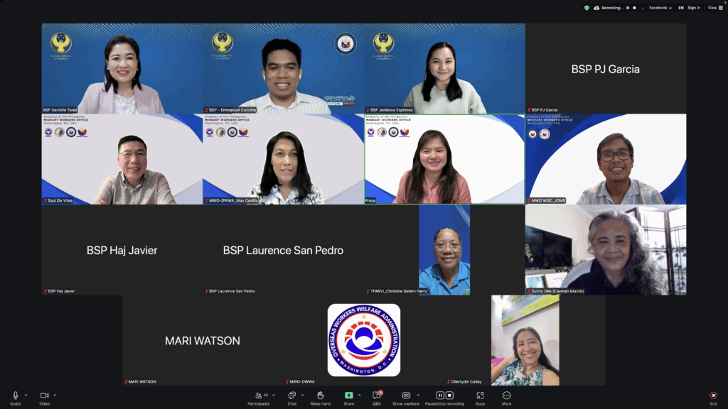 Seventy-one (71) OFWs attended the webinar facilitated by MWO-OWWA and BSP entitled “Understanding the Basics of Investment and the Personal Equity and Retirement Account (PERA)” held on 29 August 2025, via Zoom.