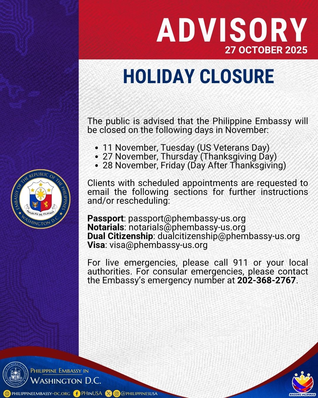 Read more about the article HOLIDAY CLOSURE – NOVEMBER 2025