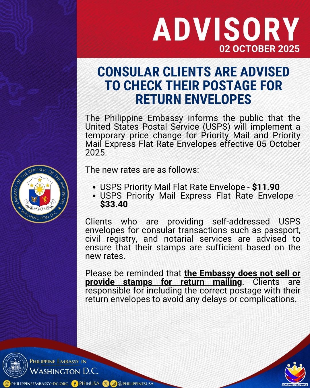 Read more about the article CONSULAR CLIENTS ARE ADVISED TO CHECK THEIR POSTAGE FOR RETURN ENVELOPES
