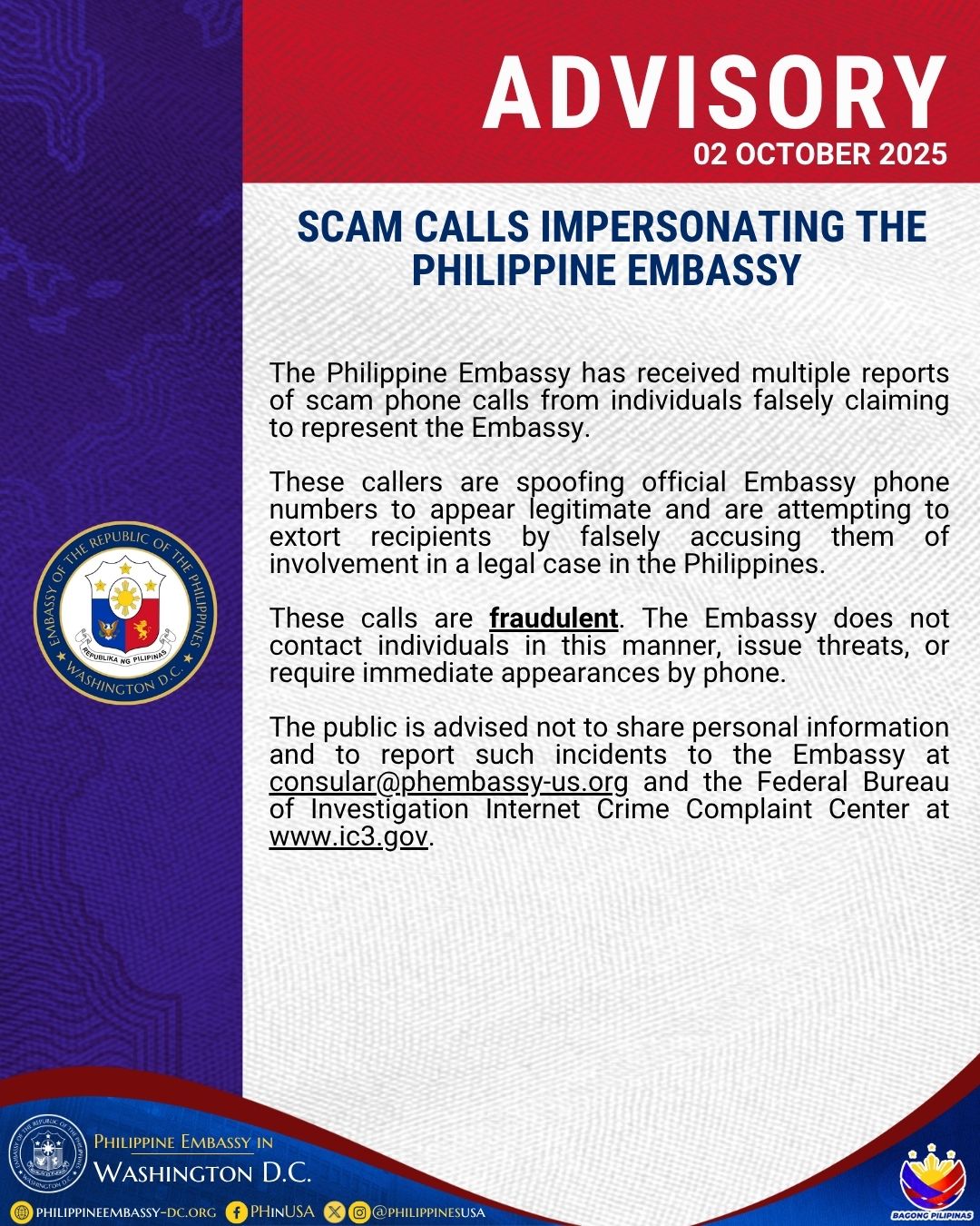 Read more about the article SCAM CALLS IMPERSONATING THE PHILIPPINE EMBASSY 