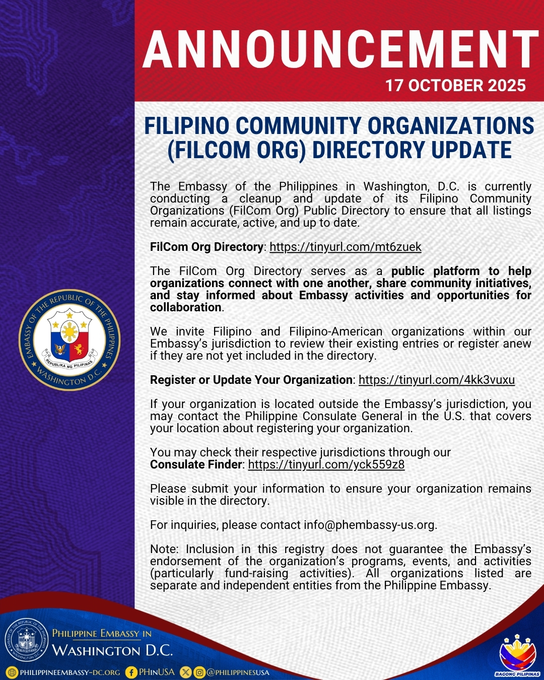 Read more about the article FILIPINO COMMUNITY ORGANIZATIONS (FILCOM ORG) DIRECTORY UPDATE