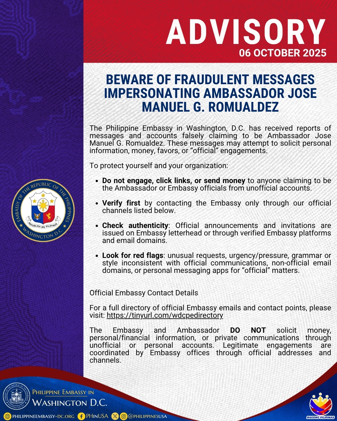 Read more about the article BEWARE OF FRAUDULENT MESSAGES IMPERSONATING AMBASSADOR JOSE MANUEL G. ROMUALDEZ