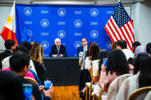 Ambassador Jose Manuel Romualdez (center) and Deputy Chief of Mission Jaime Ascalon, Jr. (right) exchange ideas and experiences with cohorts of the Young Southeast Asian Leaders Initiative (YSEALI) Academic Fellows and Professional Fellows for Fall 2025.