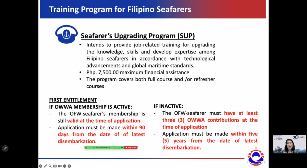 Labor Attaché Saul De Vries provided an orientation on the Magna Carta for Seafarers and overview of the Migrant Workers Office, while Welfare Officer Mae Codilla discussed the programs and services of OWWA for the seafarers and their families.