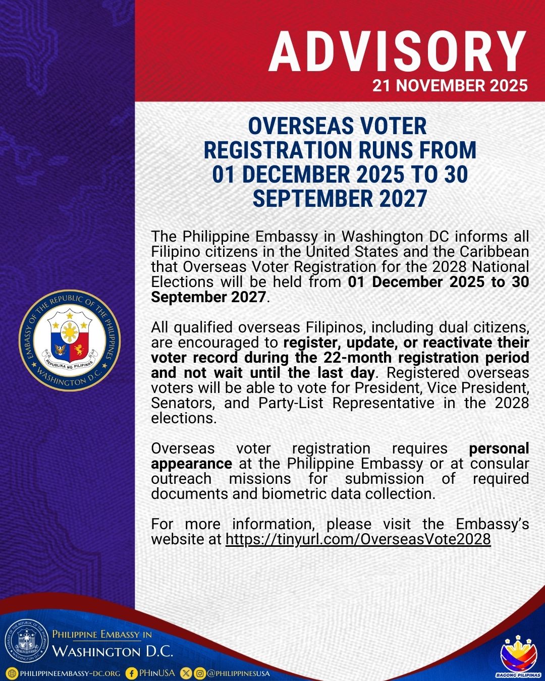 OVERSEAS VOTER REGISTRATION RUNS FROM 01 DECEMBER 2025 TO 30 SEPTEMBER 2027