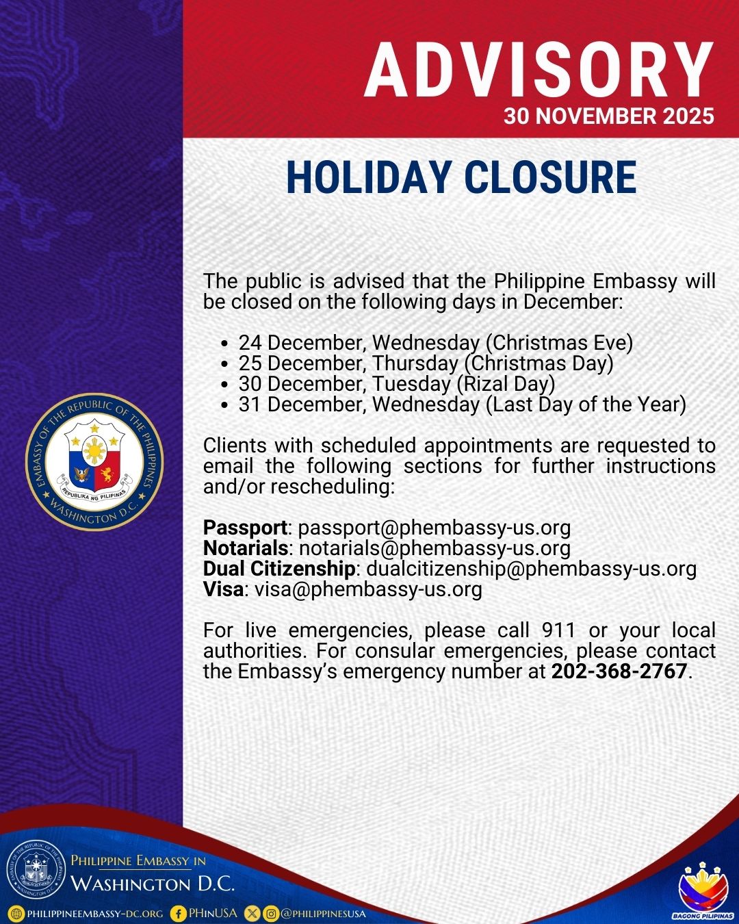 HOLIDAY CLOSURE – DECEMBER 2025