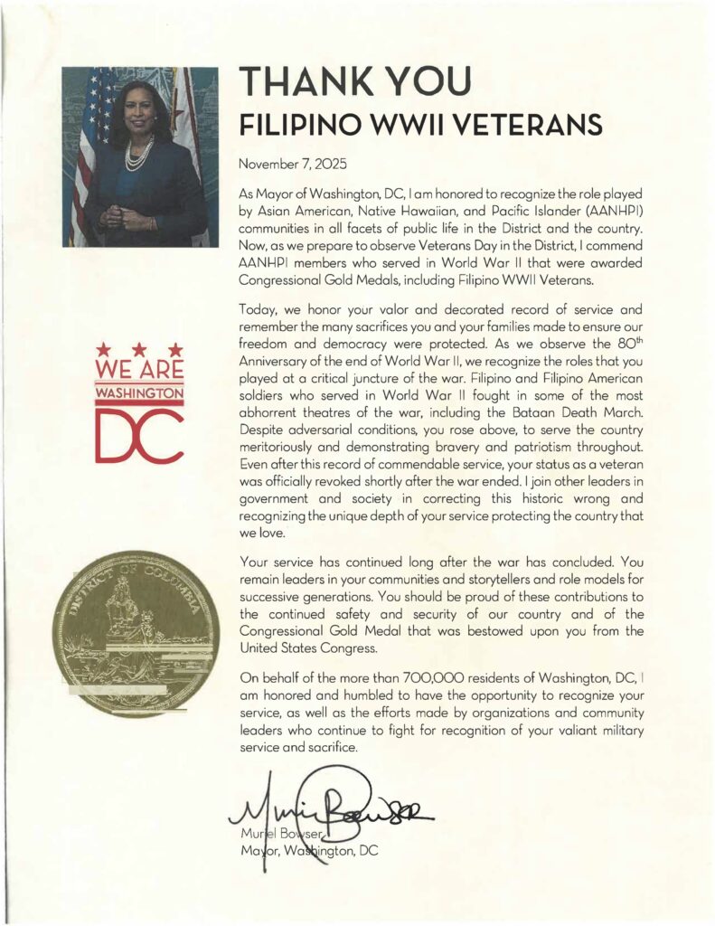DC Mayor Bowser’s Proclamation on the Congressional Gold Medal awarding of Filipino WWII Veterans.