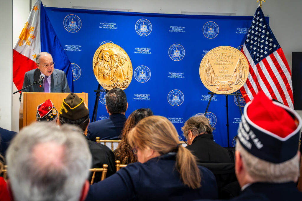 Ambassador Romualdez welcome guests to the 2025 Filipino WWII Veteran Congressional Medal Ceremony at the Embassy Chancery Annex on 07 November 2025.