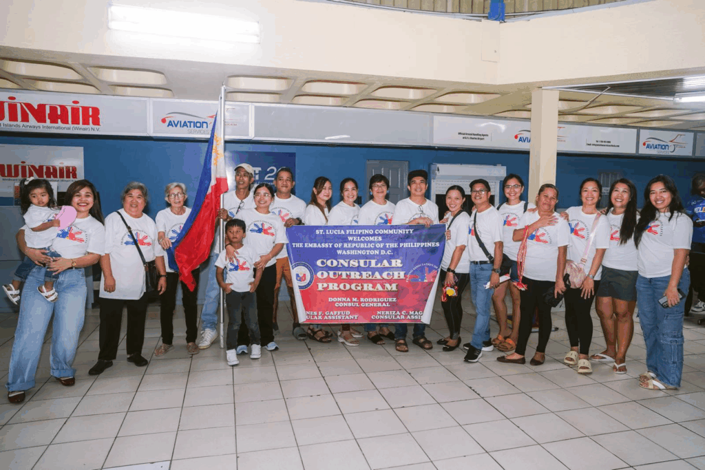 Filipino Association of Saint Lucia members in front of the George F.L. Charles airport while waiting for the arrival of the Philippine Embassy team on 9 November 2025 (photo credit: Mr. Raven John Vicada, Filipino community member, Saint Lucia)