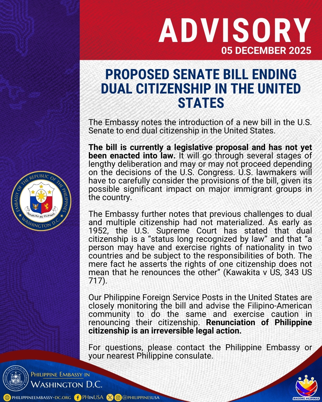Read more about the article PROPOSED SENATE BILL ENDING DUAL CITIZENSHIP IN THE UNITED STATES