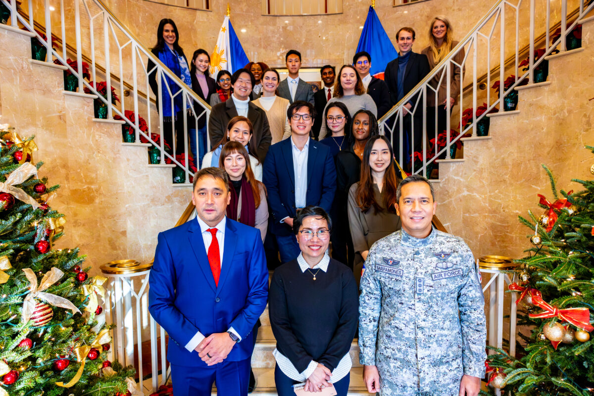 Front row (from left): CAPT James Francis P. Lugtu, Minister and Consul Lenna Eilleen C. De Dios-Sison, and COL Lee M. Sarpamones, joined by students from Georgetown University’s Security Studies Program during their study visit to the Philippine Embassy, 03 December 2025.