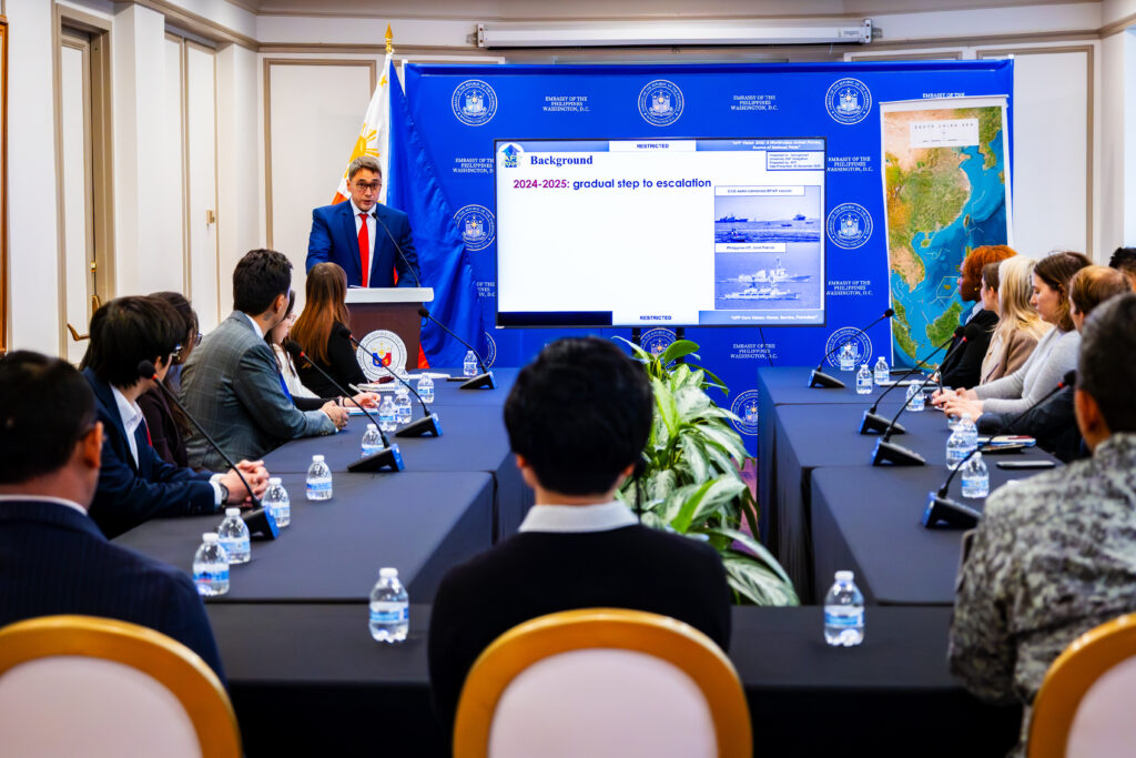 CAPT James Francis P. Lugtu provides an overview of Philippine maritime security challenges in the West Philippine Sea during the delegation’s study visit to the Embassy.