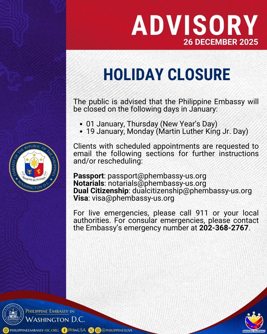 Read more about the article HOLIDAY CLOSURE – JANUARY 2026
