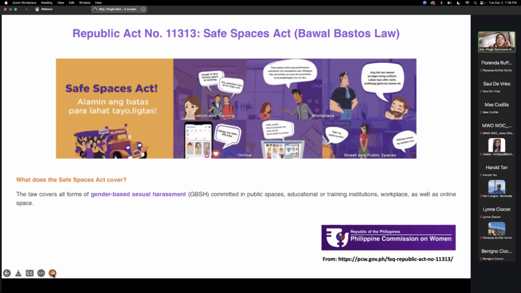 Atty. Pingki Bernabe-Bartolome facilitates a comprehensive discussion on Republic Act No. 11313, or the Safe Spaces Act, emphasizing its provisions on promoting safe and respectful spaces for all.