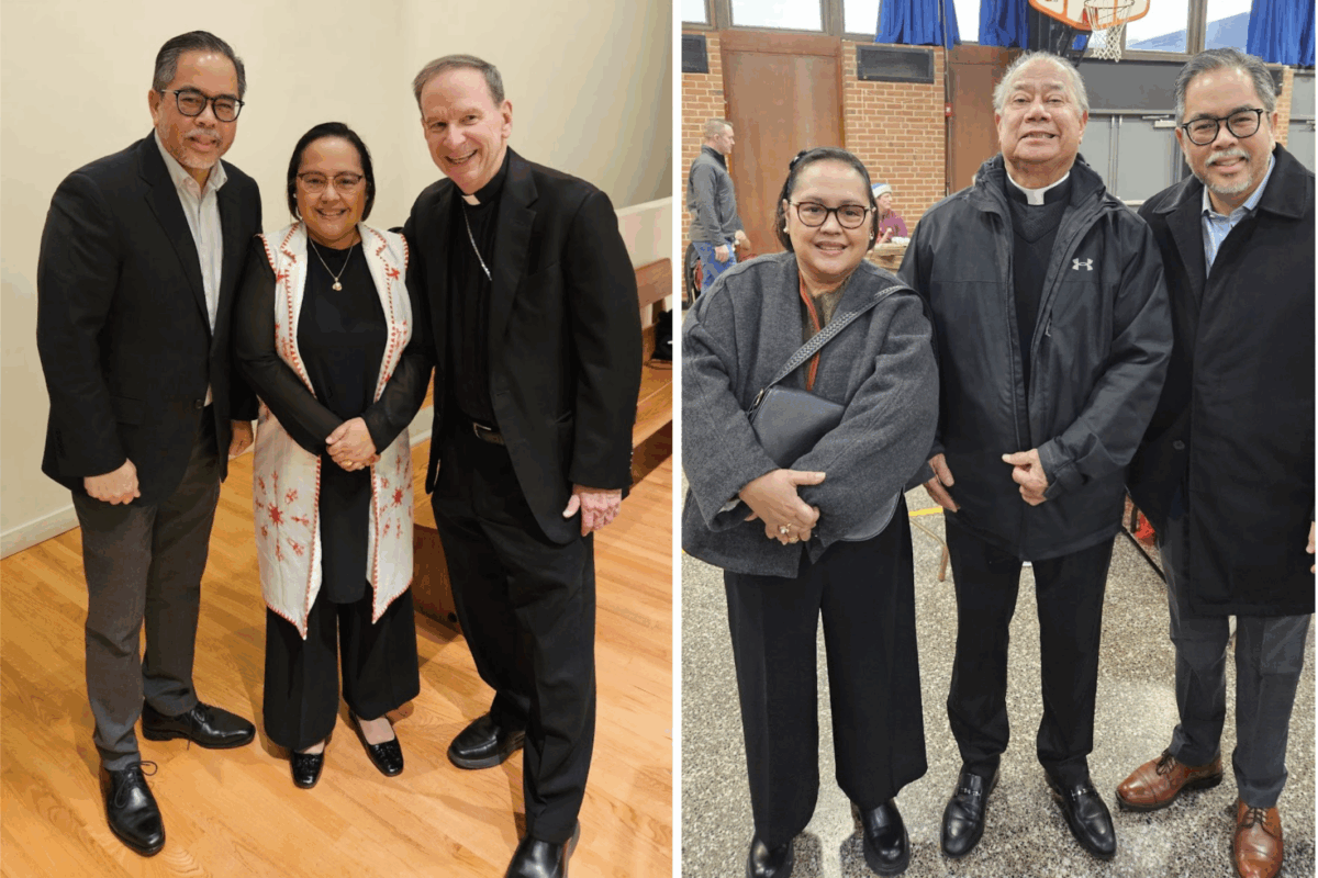 (Left photo) L-R DCM Ascalon and Mrs. Ascalon with the Bishop of Arlington, Virginia, Most Reverend Michael Burbidge, at Our Lady of Good Counsel Church in Virginia; (Right photo) L-R Mrs. Ascalon, Reverend Father Pete Literal, DCM Ascalon at St. John the Evangelist Church in Maryland.