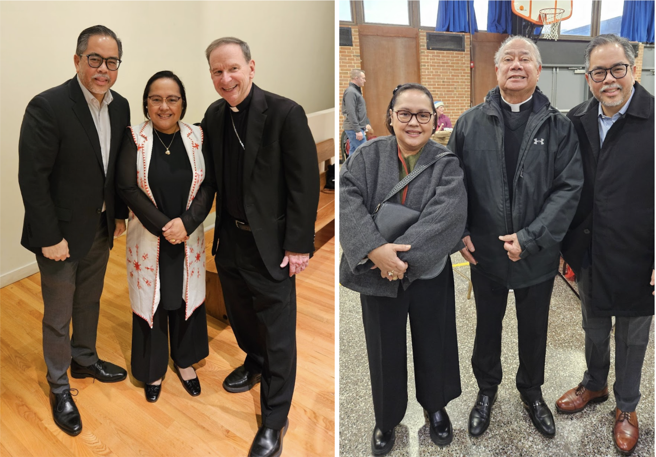(Left photo) L-R DCM Ascalon and Mrs. Ascalon with the Bishop of Arlington, Virginia, Most Reverend Michael Burbidge, at Our Lady of Good Counsel Church in Virginia; (Right photo) L-R Mrs. Ascalon, Reverend Father Pete Literal, DCM Ascalon at St. John the Evangelist Church in Maryland.