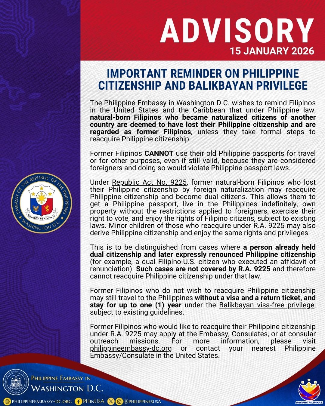 Read more about the article IMPORTANT REMINDER ON PHILIPPINE CITIZENSHIP AND BALIKBAYAN PRIVILEGE