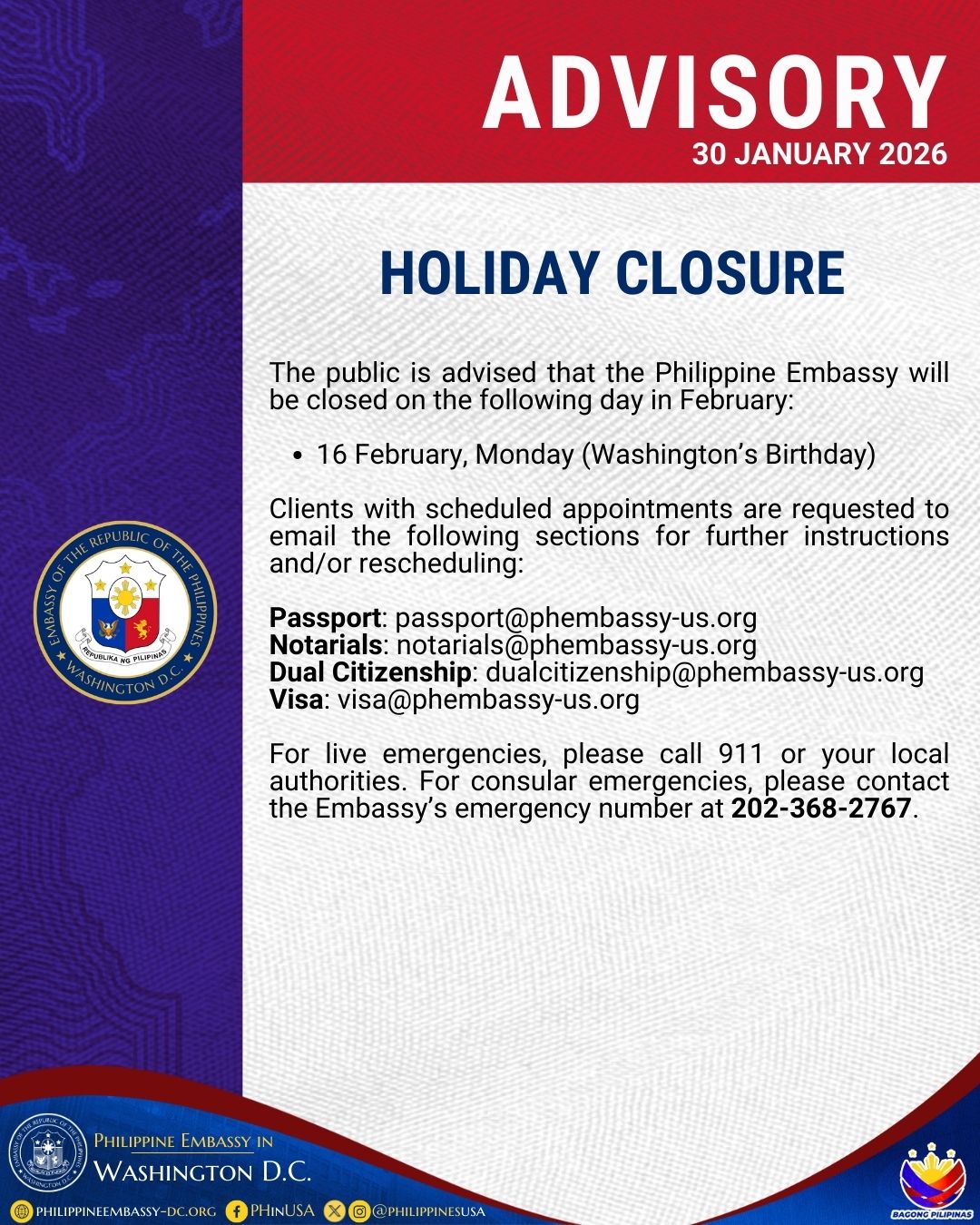 HOLIDAY CLOSURE – FEBRUARY 2026