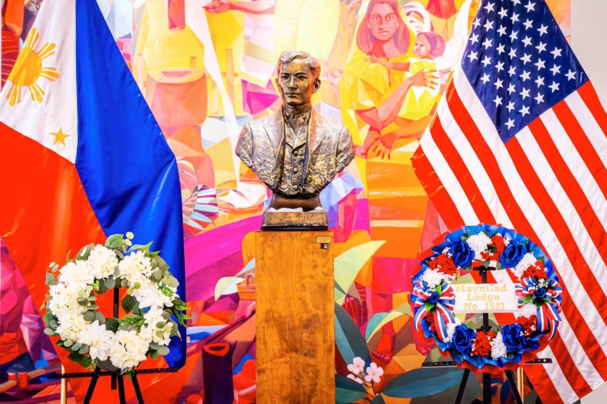 The Philippine Embassy in Washington, D.C., together with Maynilad Lodge 1521, marked the 129th anniversary of the martyrdom of Philippine national hero Dr. Jose P. Rizal with a wreath-laying and flag raising ceremony. A bust of Dr. Jose Rizal stands set between the Philippine and United States flags and commemorative wreaths during the Rizal Day commemoration at the Philippine Embassy Chancery Annex on 29 December 2025.