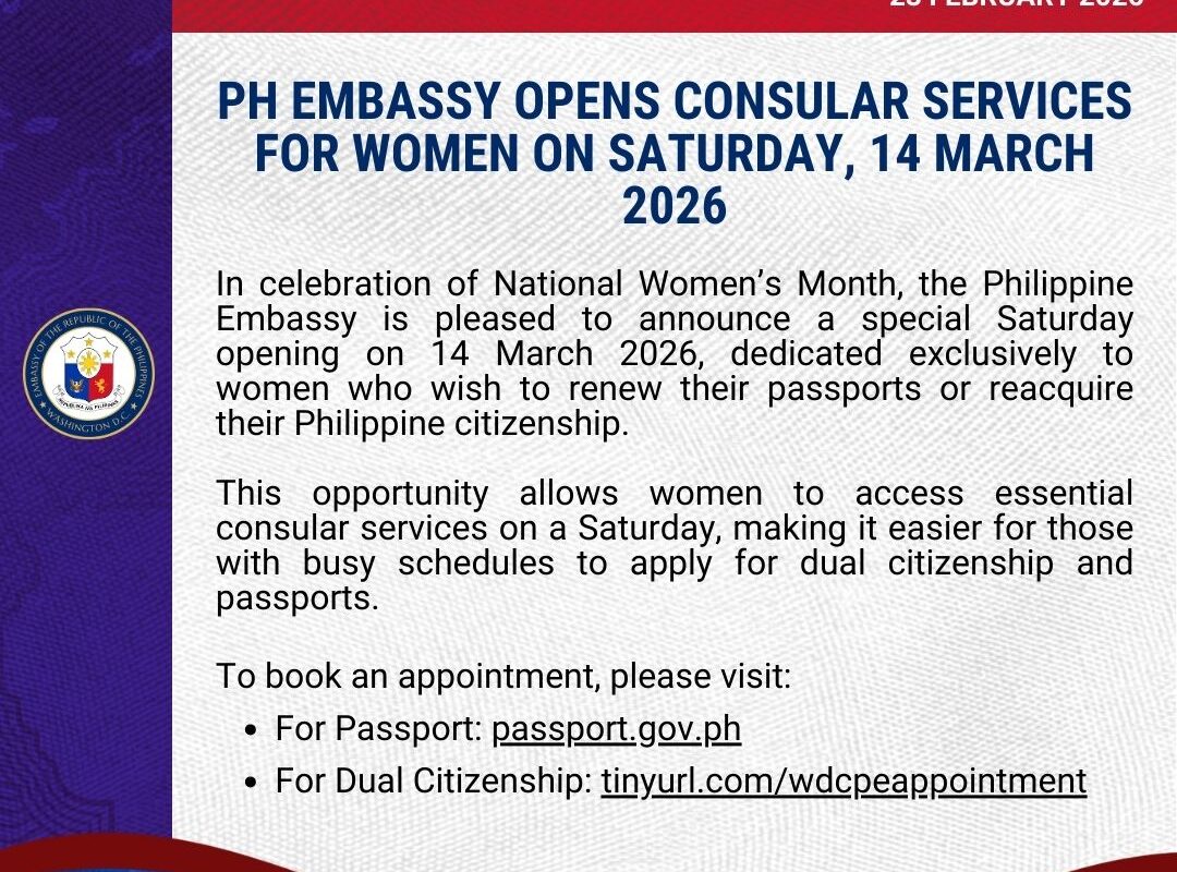PH EMBASSY OPENS CONSULAR SERVICES FOR WOMEN ON SATURDAY, 14 MARCH 2026