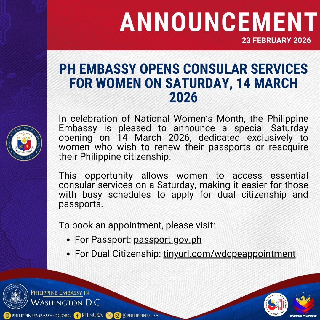 PH EMBASSY OPENS CONSULAR SERVICES FOR WOMEN ON SATURDAY, 14 MARCH 2026