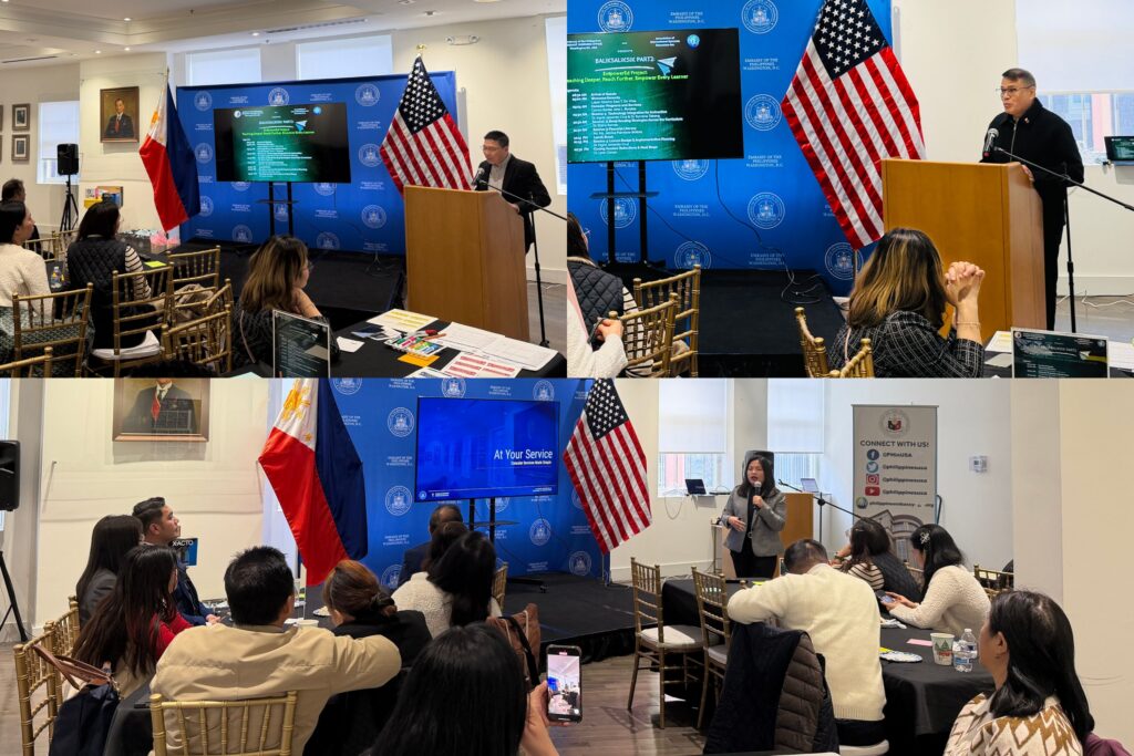 Labor Attach&eacute; Saul T. De Vries (top right) welcomed the participants and encouraged them to take full advantage of the capability trainings readily available to them. BGen. Moises Villaceran (top left) provided updates on current scam schemes involving the Filipino community, while Consul Barbie Jane Rosales (bottom center) discussed essential consular services available to the community.