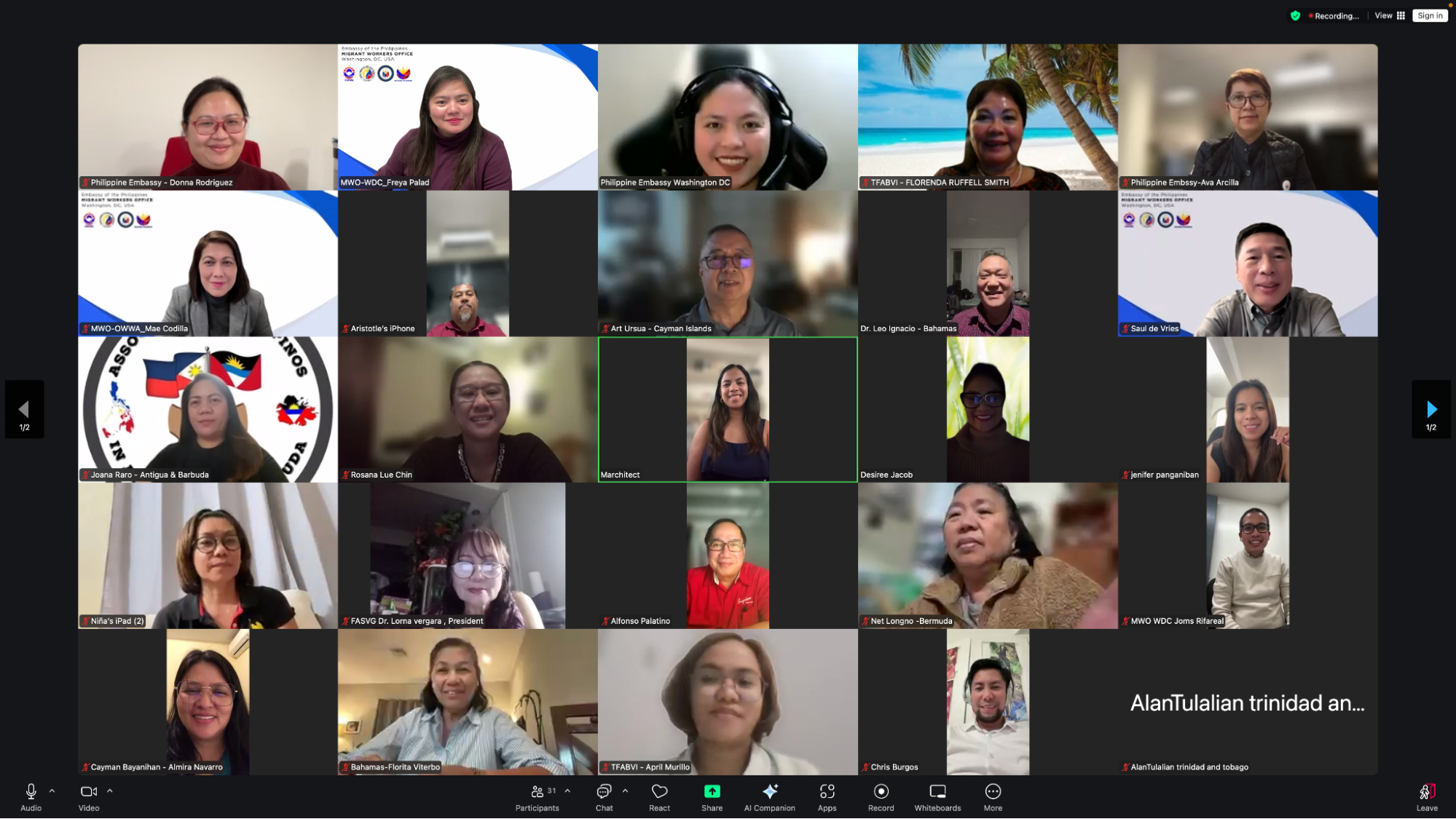 Embassy officials, led by Consul General Donna Rodriguez (top left), meet Filipino community leaders at a virtual town hall held on 03 February 2026.