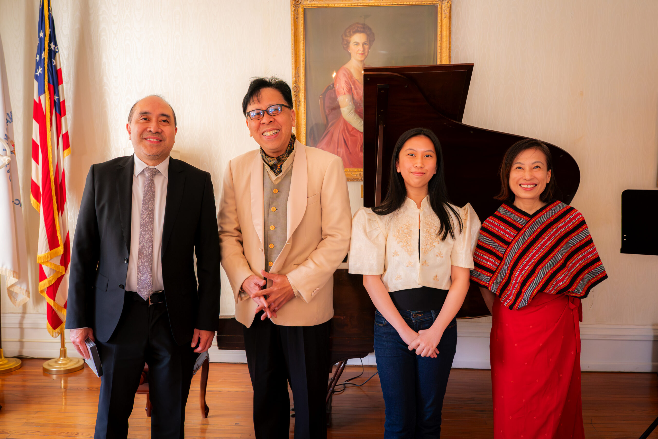 Deputy Chief of Mission Felipe F. Cari&ntilde;o III (leftmost) met with Filipino pianist Jovianney Emmanuel Cruz and his family, Ms. Alexandrique Lourdes Cruz, and Mrs. Tinky Cruz (L-R), prior to a private house concert at the National League of American Pen Women on 13 March 2026. Father-daughter duo Jovianney and Alexandrique Cruz were invited by the Washington International Piano Arts Council (WIPAC) to perform at its 2026 Opening Concert.