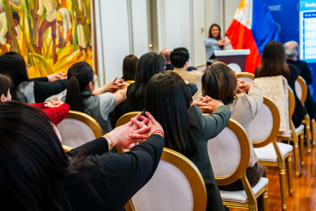 Kristine Reyes Erickson, a Filipino-American wellness practitioner, discussed practical tools and movements for managing stress and promoting holistic health within the Embassy community on 18 March 2026.
